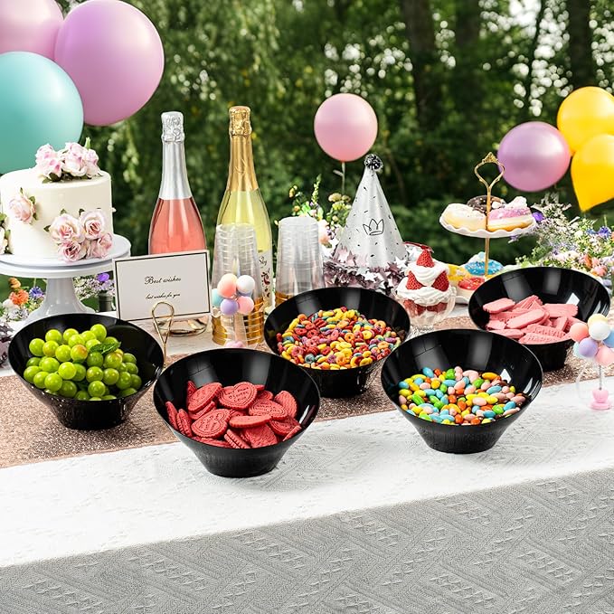 Goodluck 12 Pack Black Plastic Serving Bowls for Party - 20 OZ Angled Disposable Serving Bowls for Wedding Party Chip, Candy, Salad & Fruit