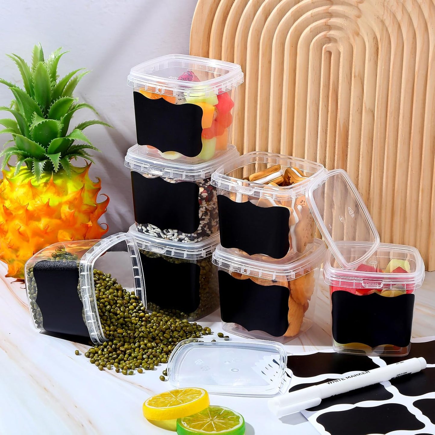 Jinei 50 Pcs Plastic Deli Containers with Lids Clear Square Food Storage Containers Stackable Airtight Square Container with Lids with 9 Labels and Marker for Kitchen Storage Meal Take out (8 oz)