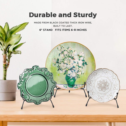 Mocoosy 4 Pack Improved Anti-Slip Plate Stands for Display, 6 Inch Plate Holder Display Stand, Picture Frame Holder Stand, Black Iron Easel Stands for Photo, Decorative Plate and Tabletop Arts