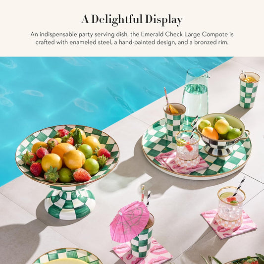 MACKENZIE-CHILDS Enamel Compote, Cute Enamel Pedestal Serving Dish or Decorative Bowl, Large, Green-and-White Emerald Check