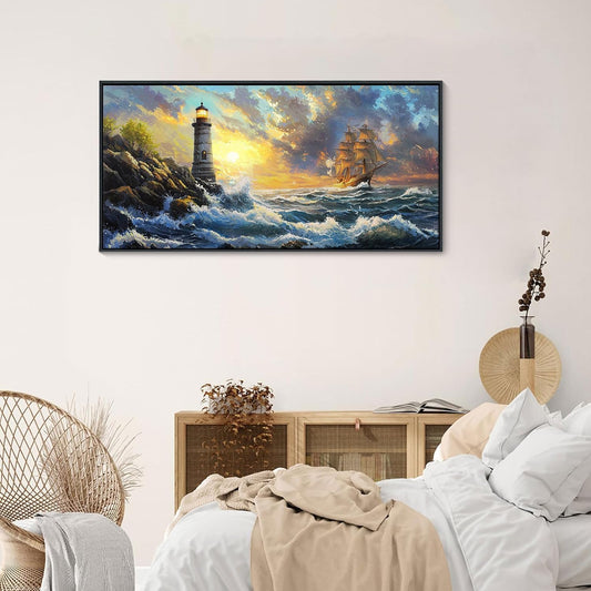 CHATYOUNG Sunrise Pictures Wall Art, Big Waves Sailboat Lighthouse Ocean Adventure Landscape Canvas Framed Paintings Ready to Hang Living Room Bedroom Bathroom Kitchen Home Office Decor 20x40 IN