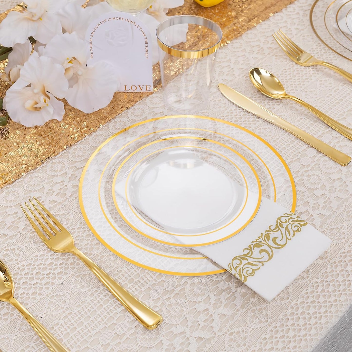 700 Pieces Gold Dinnerware Set - 100 Guests Clear Disposable Dinnerware Set for Party, Wedding, Include: 200 Clear Plates with Gold Trim, 100 Cups, 100 Napkins, 100 Plastic Silverware Sets
