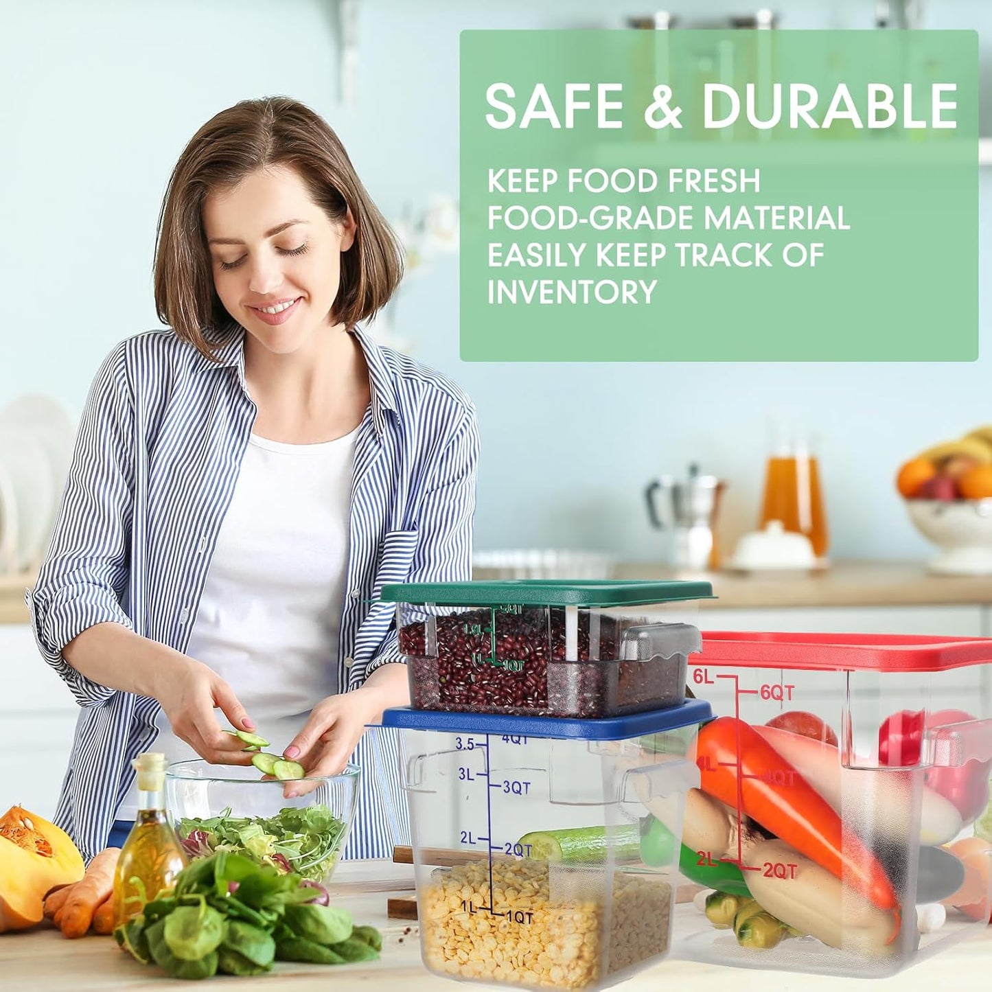 Lallisa 6 Pcs Food Storage Set, Square Polycarbonate Restaurant Food Storage Containers with Lids commercial Clear Cereal Containers for Kitchen, 3 Colors(2 Quart 4 Quart and 6 Quart)