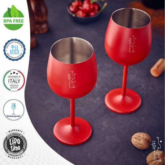 Gusto Nostro Stainless Steel Wine Glass - 18 oz - Cute, Red Unbreakable Wine Glasses for Travel, Camping and Pool - Fancy, Unique, Cool Portable Metal Wine Glass for Outdoor Events, Picnics (Set of 4)