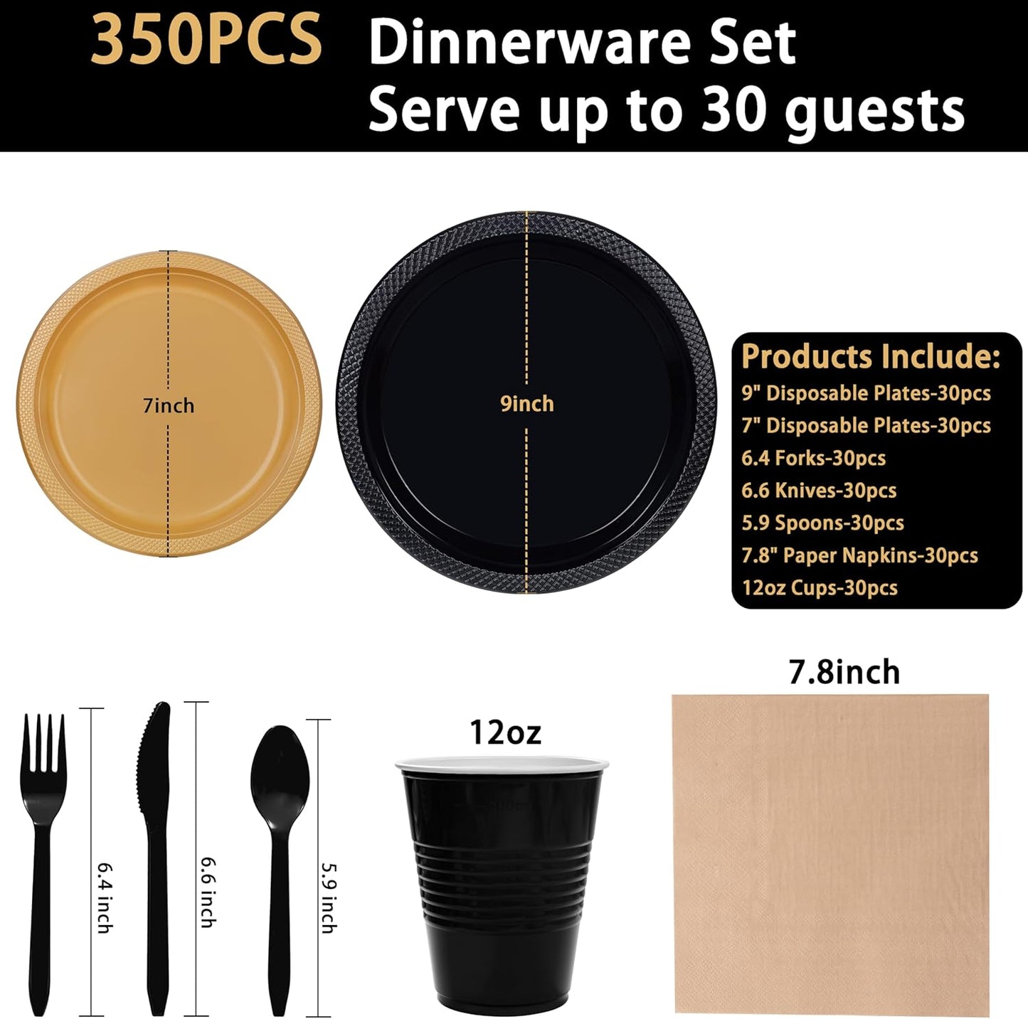 MirthMood 350PCS Black and Gold Plastic Plates,Black Disposable Plates –Plastic Plates Set Includes 50 Dinner,50 Dessert Plate,50 Cup&50 Napkins, 50 Black Silverware for Wedding& Parties& Halloween