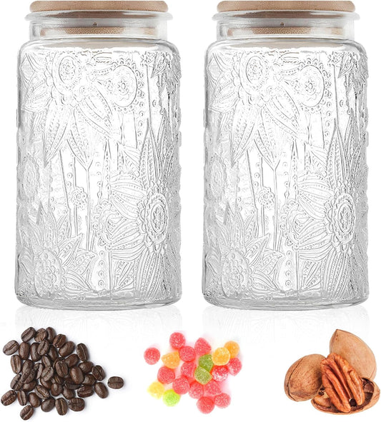Glass Storage Jars with Airtight Bamboo Lid, 35 FL oz - Decorative Food Canisters for Kitchen Counter, Ideal for Sugar, Coffee, Tea, Candy, Cookies (35oz Large Sunflower)