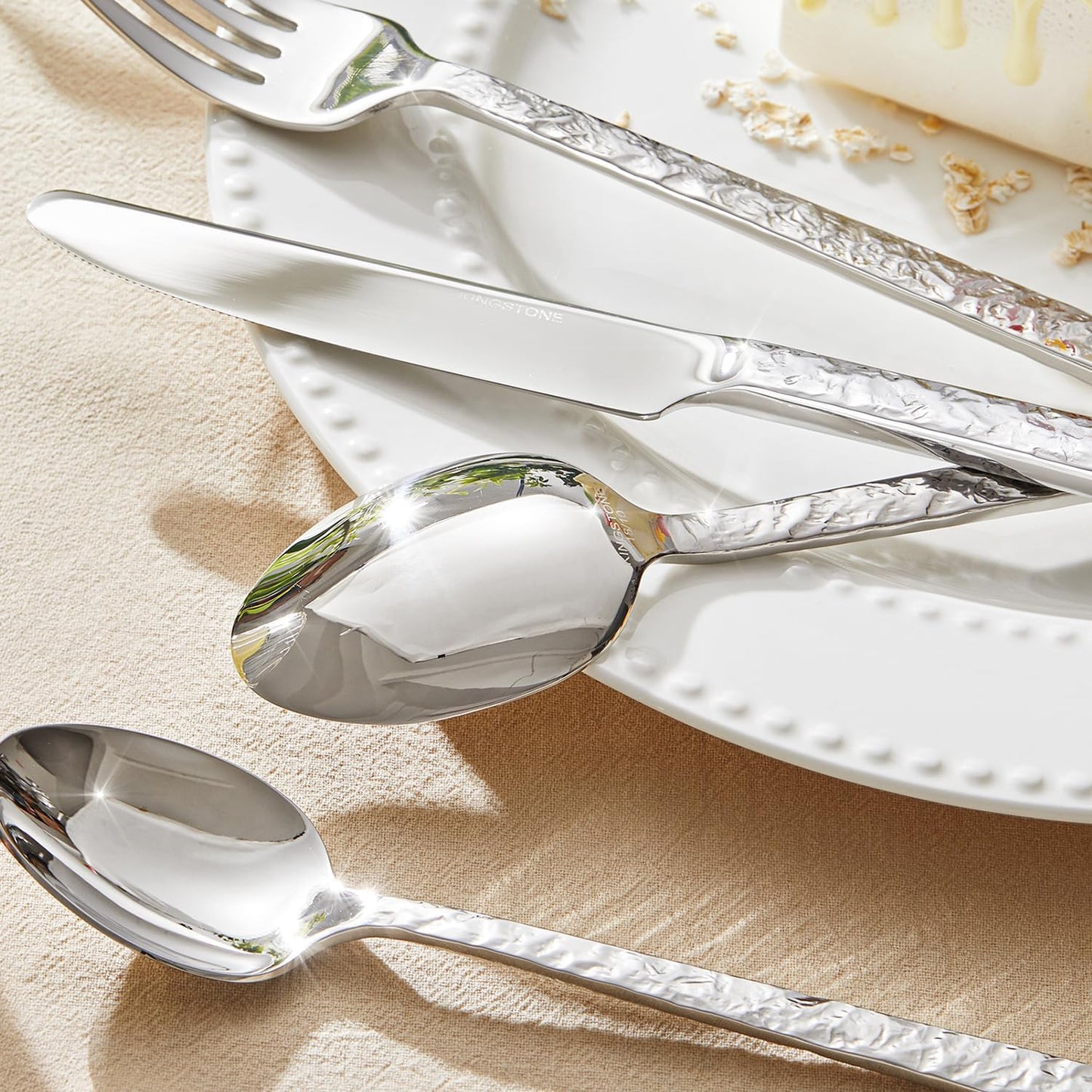 KINGSTONE 60 Pcs Hammered Silverware Set for 12, 18/10 Stainless Steel Heavy Duty Flatware Set, Tableware Cutlery Utensil Sets for Home Restaurant Dishwasher Safe