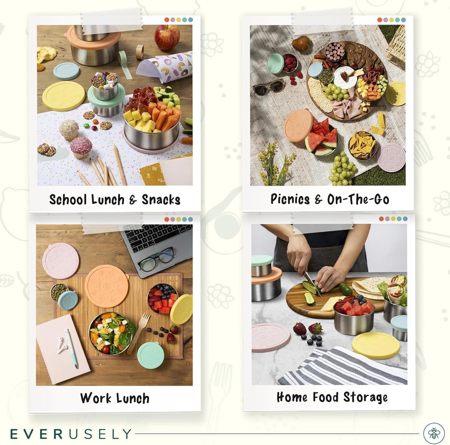 Everusely - Stainless Steel Containers with Lids - Set of 5, Bright Collection - Leakproof Stainless Steel Food Containers - Nesting Snack Holders - Metal Lunch Box - Portable & Reusable Meal Kit