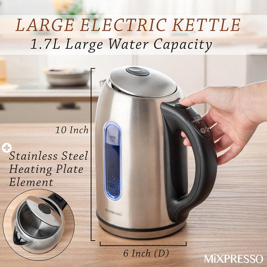 Mixpresso Stainless Steel Electric Kettle, Cordless 1.7L Electric Kettle Temperature Control,1500W Electric Tea Kettle with Viewing Window 2 Hr Keep Warm, Water Boiler with Auto-Off, Boil-Dry System