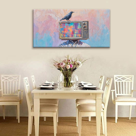 Abstract Art Wall Decor Prints Crow And Tv Head Wall Decorations Ready To Hang Modern Wall Art For Living Room Office Bedroom Bathroom Kitchen Canvas Prints Decor 20x40 Inch