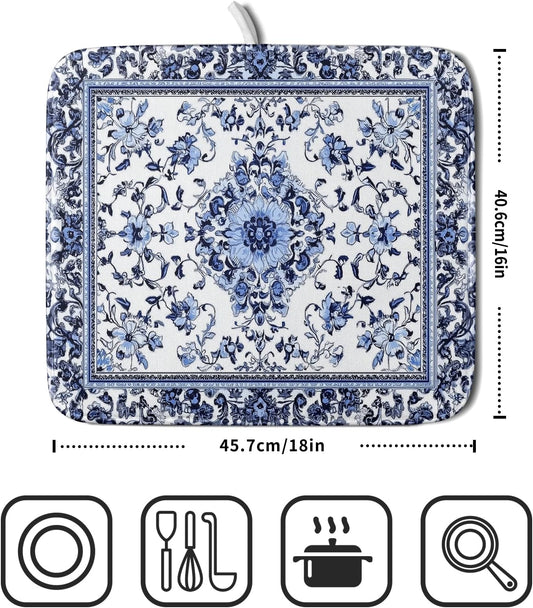 Boho Floral Dish Drying Mat 16x18 Inch Blue Leaves Kitchen Drying Pad Reversible Absorbent Dish Drainer Rack Mats Counter Tableware Decor