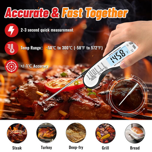 Meat Thermometer, IP67 Waterproof Digital Meat Thermometer with Backlight, Hold Function & Magnet for Grill, BBQ, Candy, Beef,Turkey,Gadgets Essentials BBQ Accessories,Mens Stocking Stuffers