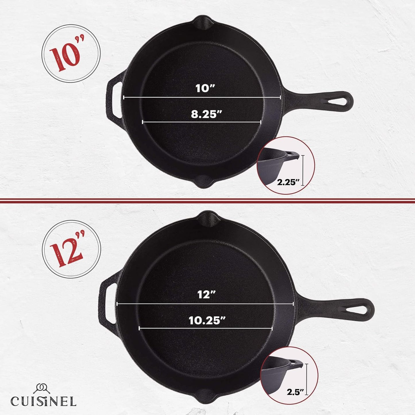 Cuisinel Cast Iron Skillets Set - 4-Piece Chef Pans Kit - 6" + 8" + 10" + 12"-Inch + 4 Silicone Grip Handle Holders - Pre-Seasoned Oven Cookware - Use Indoor/Outdoor, Grill, Stovetop, BBQ, Firepit