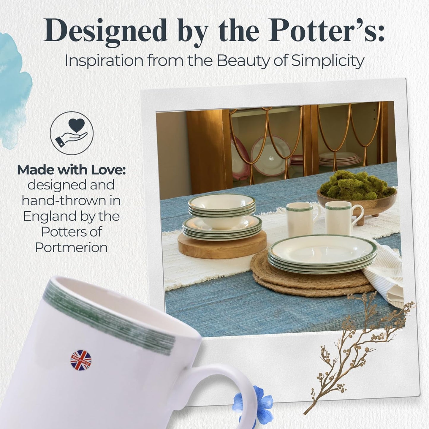 Portmeirion Potter's 9oz Brushstroke Breakfast Mug (Set of 4) - Elegant Earthenware Tea Mugs with Handle, Microwave, Dishwasher & Freezer Safe - Ideal Gift for Coffee Lovers (Brushstroke Green)