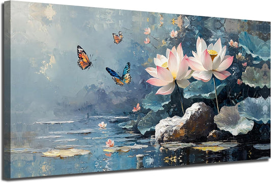 Ardemy Lotus Wall Art for Living Room Butterfly Canvas Art Wall Decor Textured Pictures Artwork Bedroom Kitchen Dining Home Office, Large 40"x20"