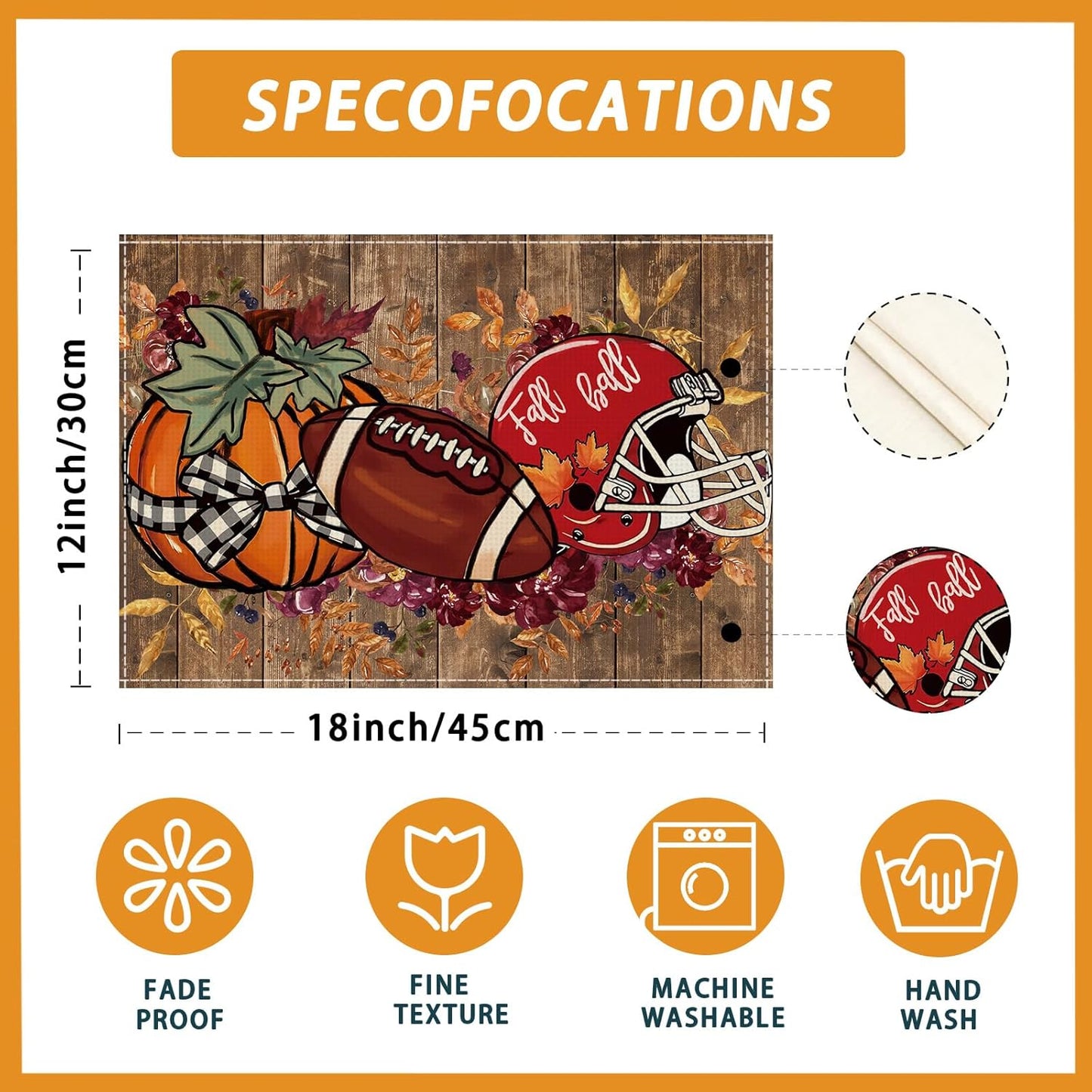 XCHI Fall Football Pumpkin Wood Placemats Set of 6 Table Mats for Party Home Kitchen Dining Table Decorations 12x18 Inch