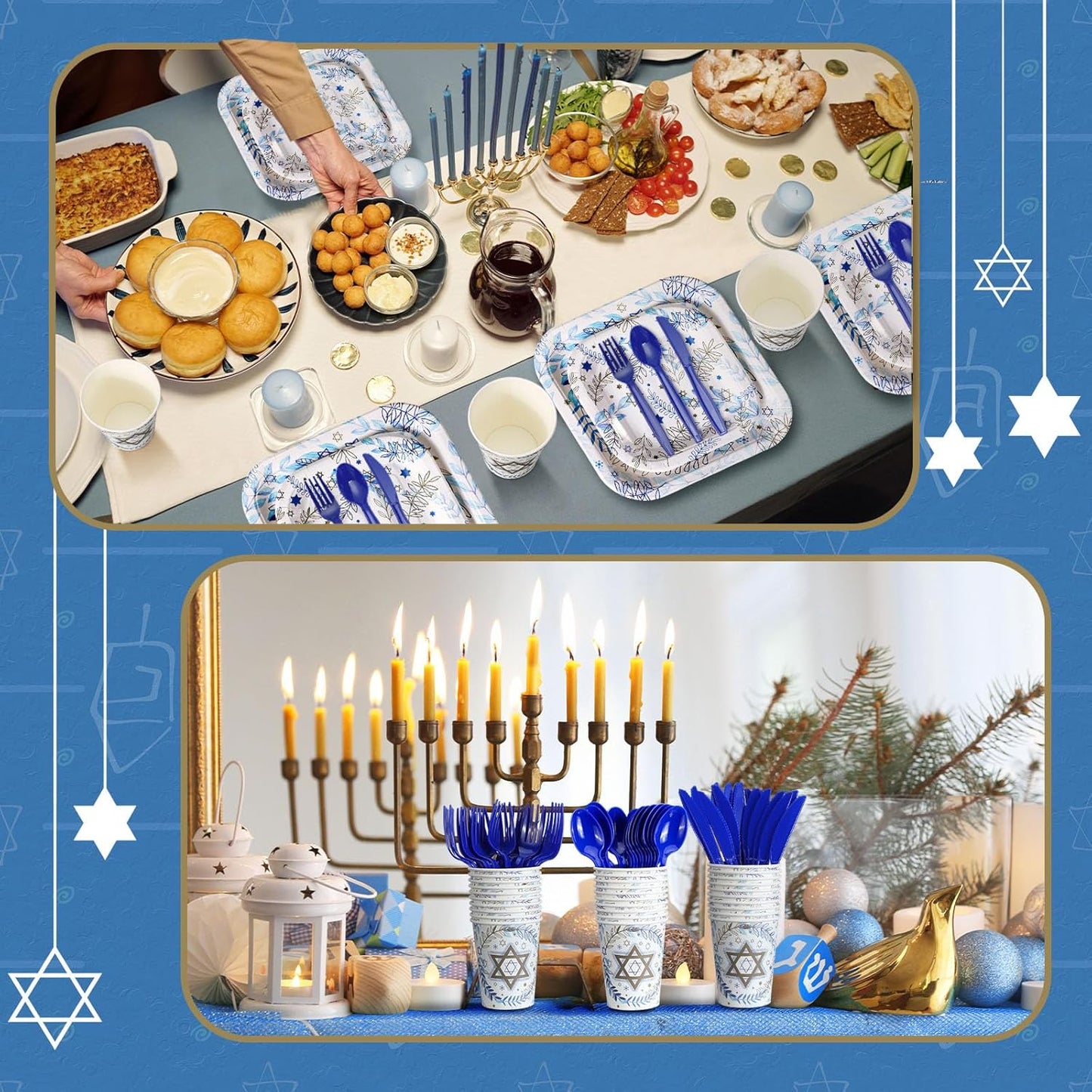 350 Pcs Paper Plates and Napkins Set Disposable Dinnerware Party Supplies Tableware Serve 50 Guest Cups Knife Forks Spoon(Blue, Gold and White,Hanukkah)