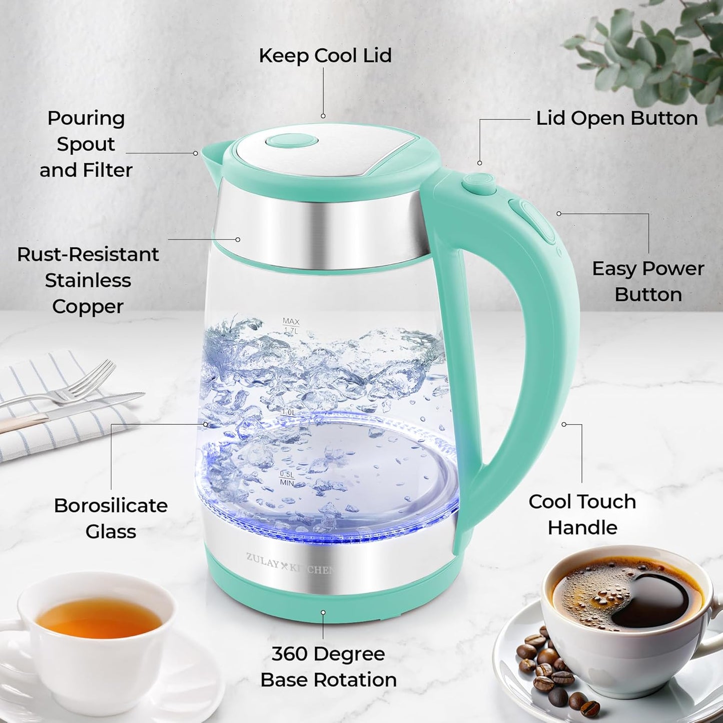 Zulay Kitchen Fast Boiling Electric Water Kettle - 1.7L, 1500W, Auto Shut-Off for Overboil & Boil Dry Protection, Cool-Touch Handle, 360° Base - Rapid Teapot Boiler For Coffee & Tea - Mint