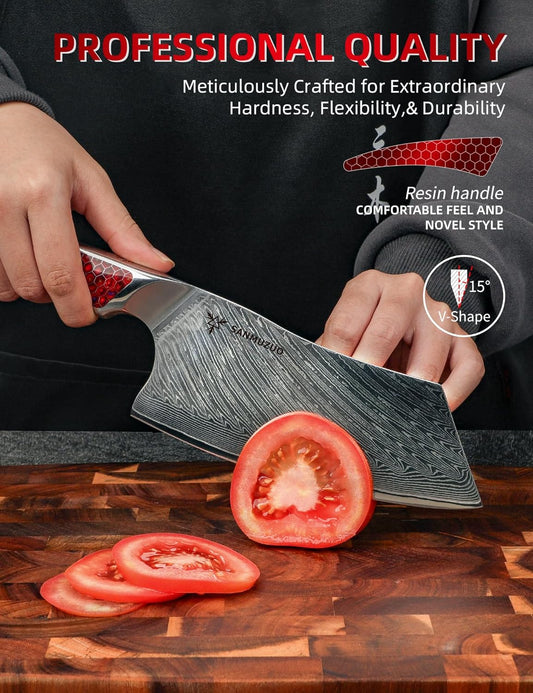 7 inch Nakiri Knife, Japanese VG-10 Damascus Steel Meat Cleaver, Ultra Sharp Vegetable Knife with Full-tang Handle in Red Resin, LA-S9 Series