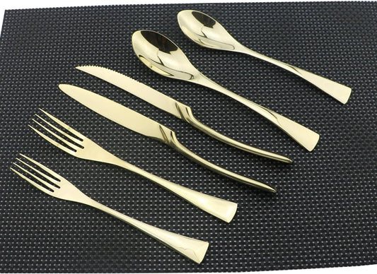 Flatware Set 18/10 Stainless Steel Mirror Polished Champagne gold Cutlery - Silverware Utensil Set of Steak Knife Dinner Fork Knife Spoon Salad Fork Dessert Spoon,6 Piece Service for 1