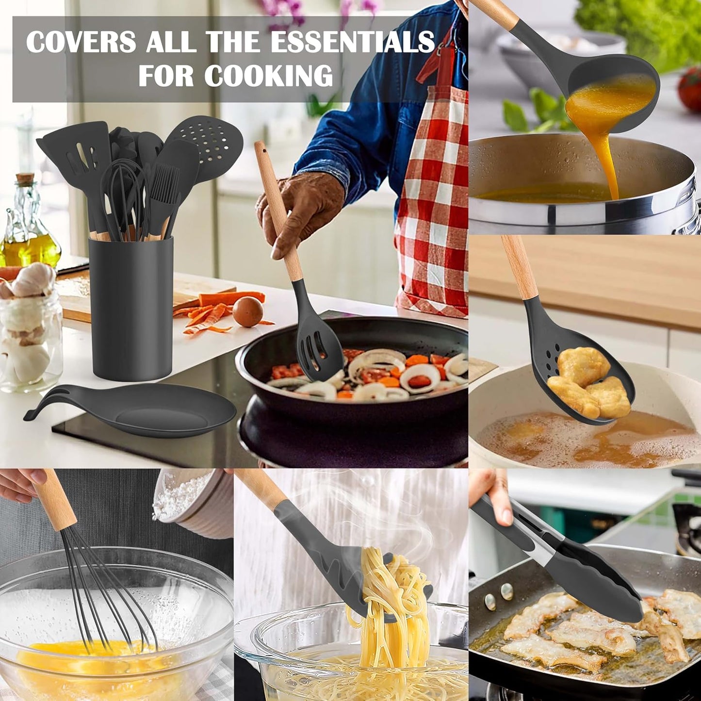 E-far Gray Cooking Utensils Set with Holder, 25-Piece Silicone Kitchen Utensil Set with Wooden Handle for Nonstick Cookware, 446°F Heat Resistant Kitchen Tool Spatula Tongs Whisk, Non-toxic & Healthy