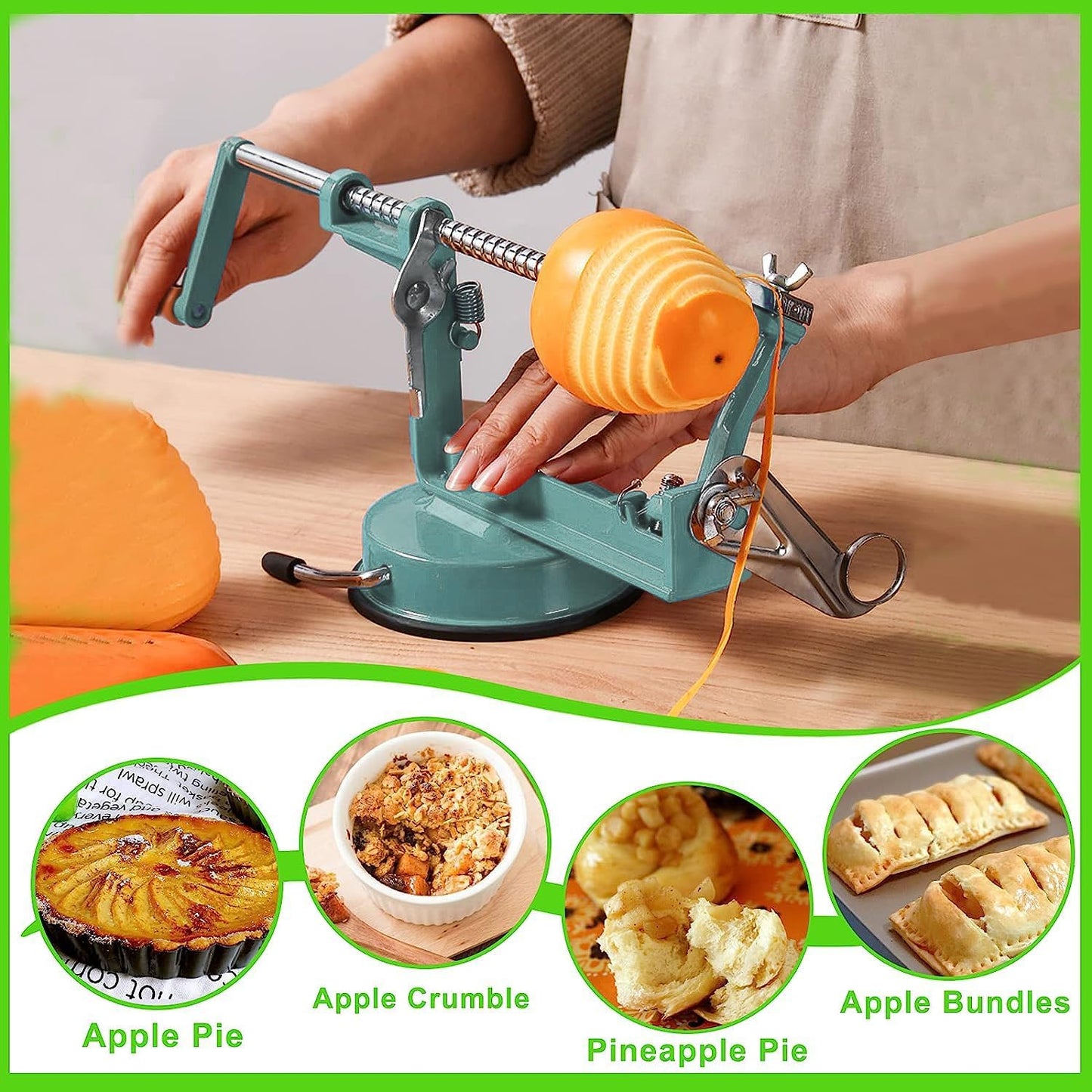 Apple Peeler Corer, Long lasting Chrome Cast Magnesium Alloy Apple Peeler Slicer Corer with Stainless Steel Blades and Powerful Suction Base for Apples and Potato(DeepGreen)