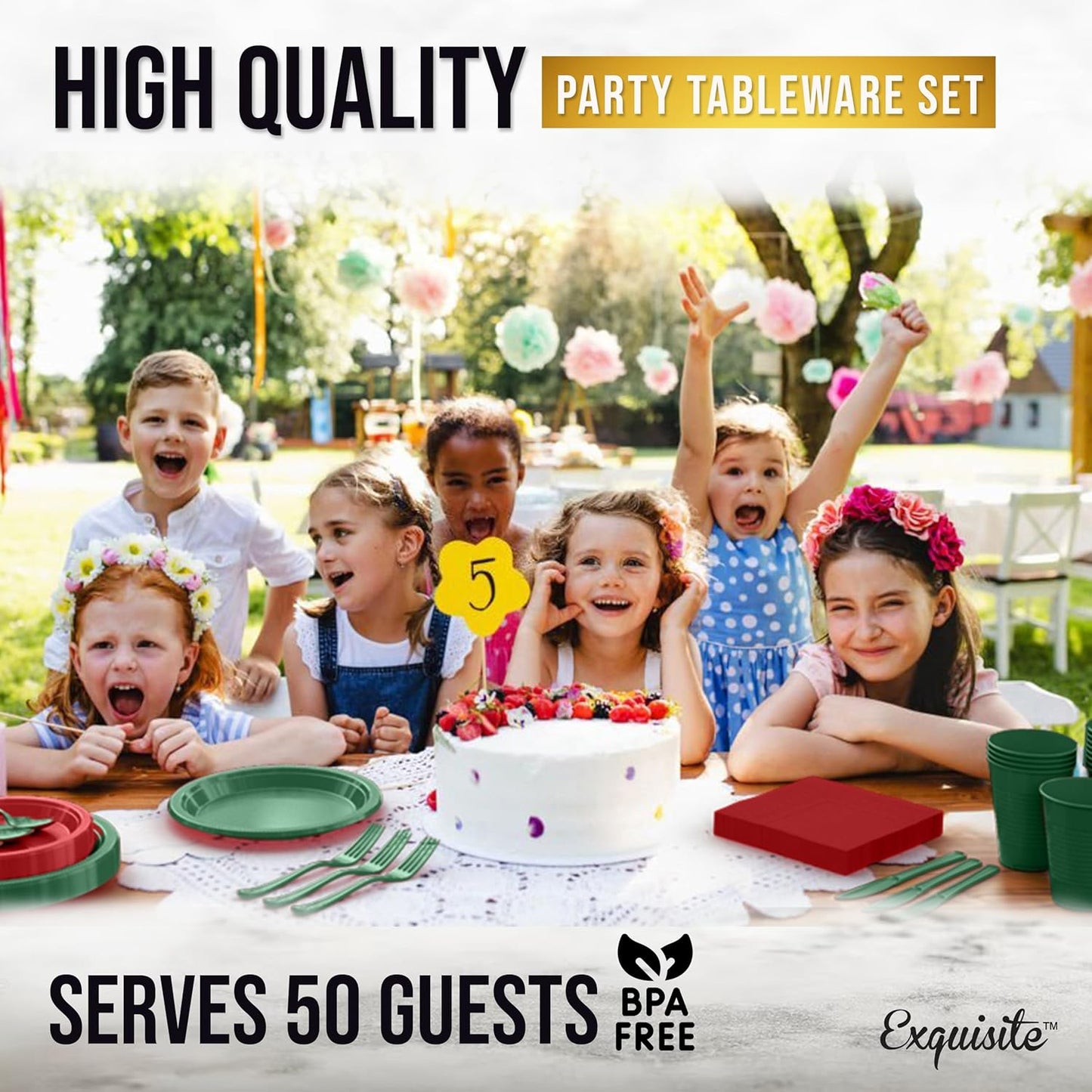 Party Solids 350 Pieces Red & Green Christmas Plastic Plates For Party, Christmas Disposable Plates Set, 50 Of Each 9" Dinner Plate Set, 7" Dessert Plate, Cups, Napkins & Cutlery Plastic Dinnerware