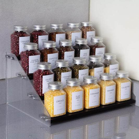 nianfeng Tiered Spice Rack, 4-Tier Spice Pantry Kitchen Cabinet Organizer, 12-Inch, Natural Wood Acrylic Stair Riser Stand, Countertop Seasoning Shelf (Black)