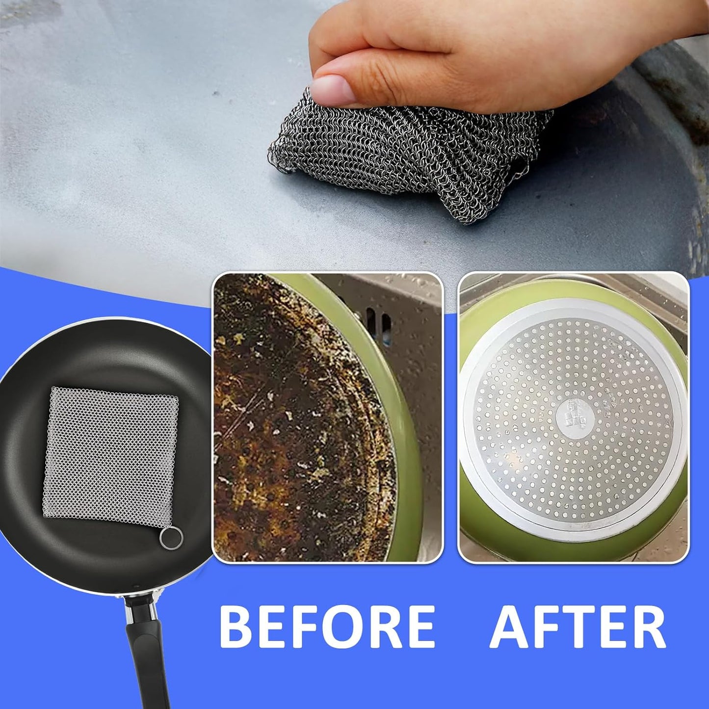 316L Stainless Steel Cast Iron Cleaner, Chainmail Scrubber,Kitchen Tool,Chain Mail Scrubber Cast Iron,for Hard Anodized Cookware, Pre-Seasoned Pans etc (10CM*10CM)