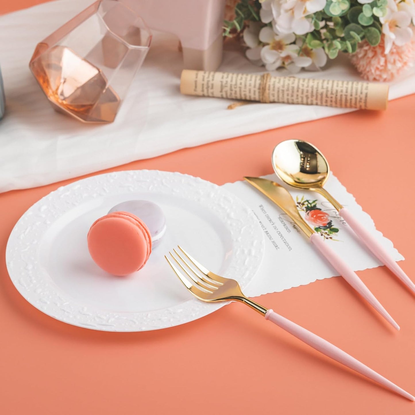 Lullaby 90PCS Gold Plastic Silverware, Gold Disposable Cutlery with Pink Handle Include 30 Forks, 30 Spoons, 30 Knives, Elegant Disposable Silverware for Wedding, Party and Mother's Day