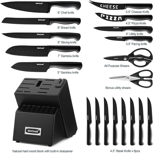 McCook® Premium Black Knife Sets,German Stainless Steel Kitchen Knives Block Set with Built-in Sharpener