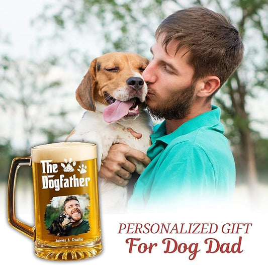 Wrappiness Gift for Dad - Cool Dog Father Personalized Beer Glass With Handle, Custom Photo and Names Lovely Fathers Day Pet Papa Gift for Men Pet Lovers, Cute Puppy Owner Drinking Cup