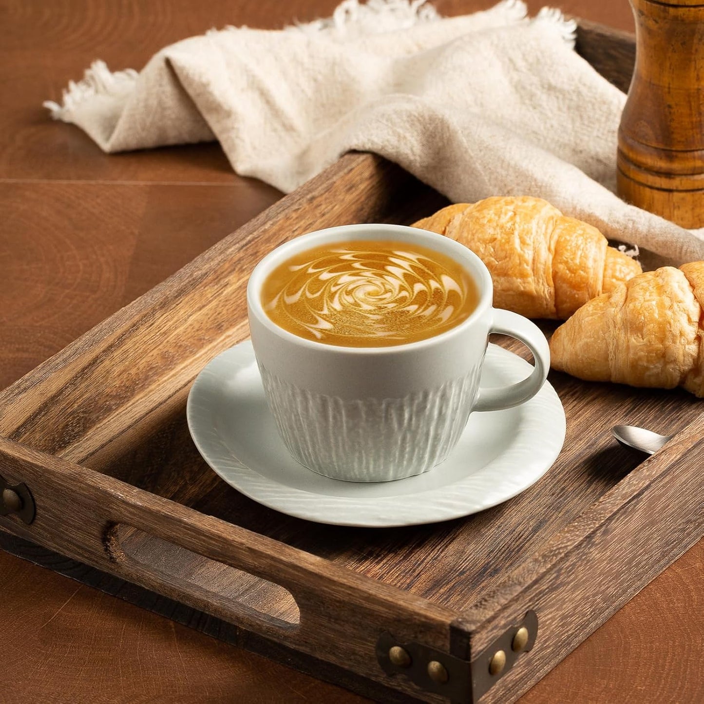 7.4oz Espresso Cups Set of 4 - Ceramic Cappuccino Cups with Saucers - Microwave and Dishwasher Safe, Perfect For Tea, Latte - Porcelain Drinkware for Kitchen or Cafe (grey)