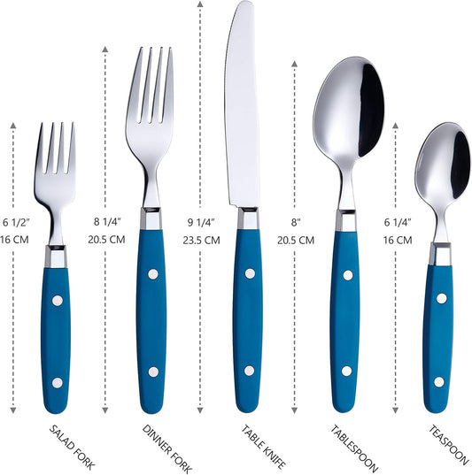 ANNOVA Silverware Set, Retro/Rivet Colorful Stainless Steel Tableware Kitchen Flatware Set Utensils, Includes Dinner Knives, Forks, Spoons, Salad Forks & Dessert Spoons (Blue, 20 Pieces)