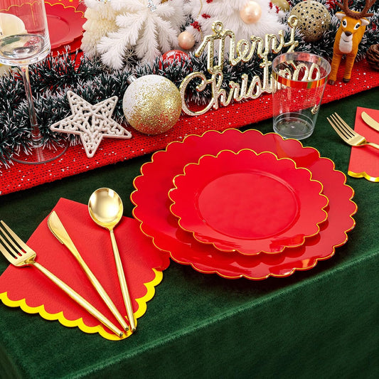 LIYH 210 Pcs Red Plastic Plates Christmas Plates and Napkins Disposable Christmas Dinnerware Set Gold Rim Scalloped Plate Include Dinner & Dessert Plate Gold Plastic Silverware Cups for Party Xmas Day