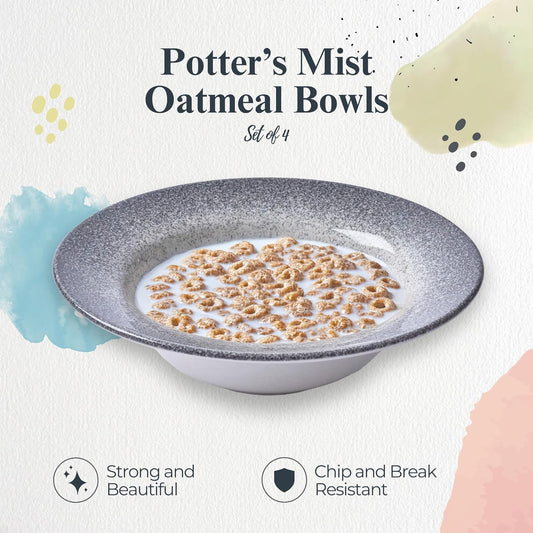 Portmeirion Potter's Mist Oatmeal Bowl (Set of 4) - Ideal for Porridge, Soup, Desserts - Microwave & Dishwasher Safe Earthenware Bowls, Durable Dishware Collection - Made in UK (Grey Mist)