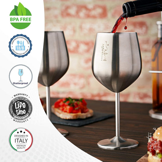 Gusto Nostro Stainless Steel Wine Glass - 18 oz - Cute, Unbreakable Wine Glasses for Travel, Camping and Pool - Fancy, Unique and Cool Portable Metal Wine Glass for Outdoor Events, Picnics (Set of 4)