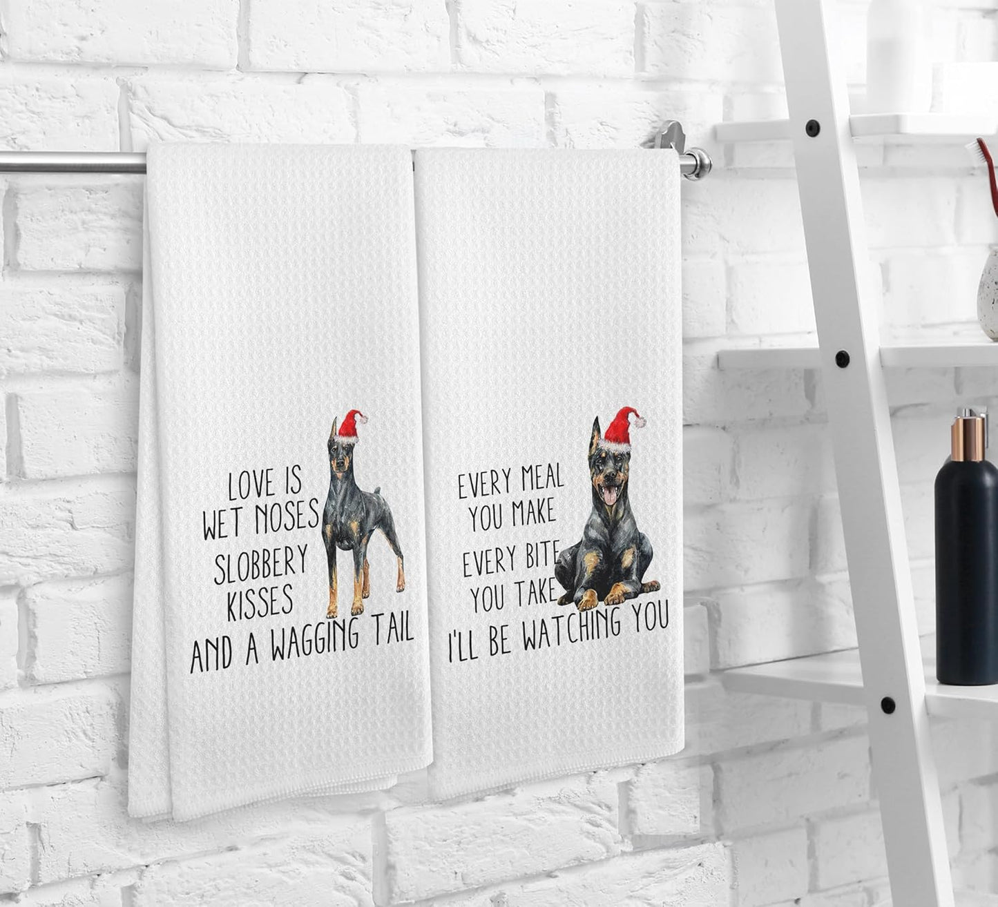 Funny Christmas Doberman Kitchen Towels and Dishcloths Set of 2, Dog Ornament, Decor, Gifts for Women Dog Lovers, Accessories, 1624 Inches