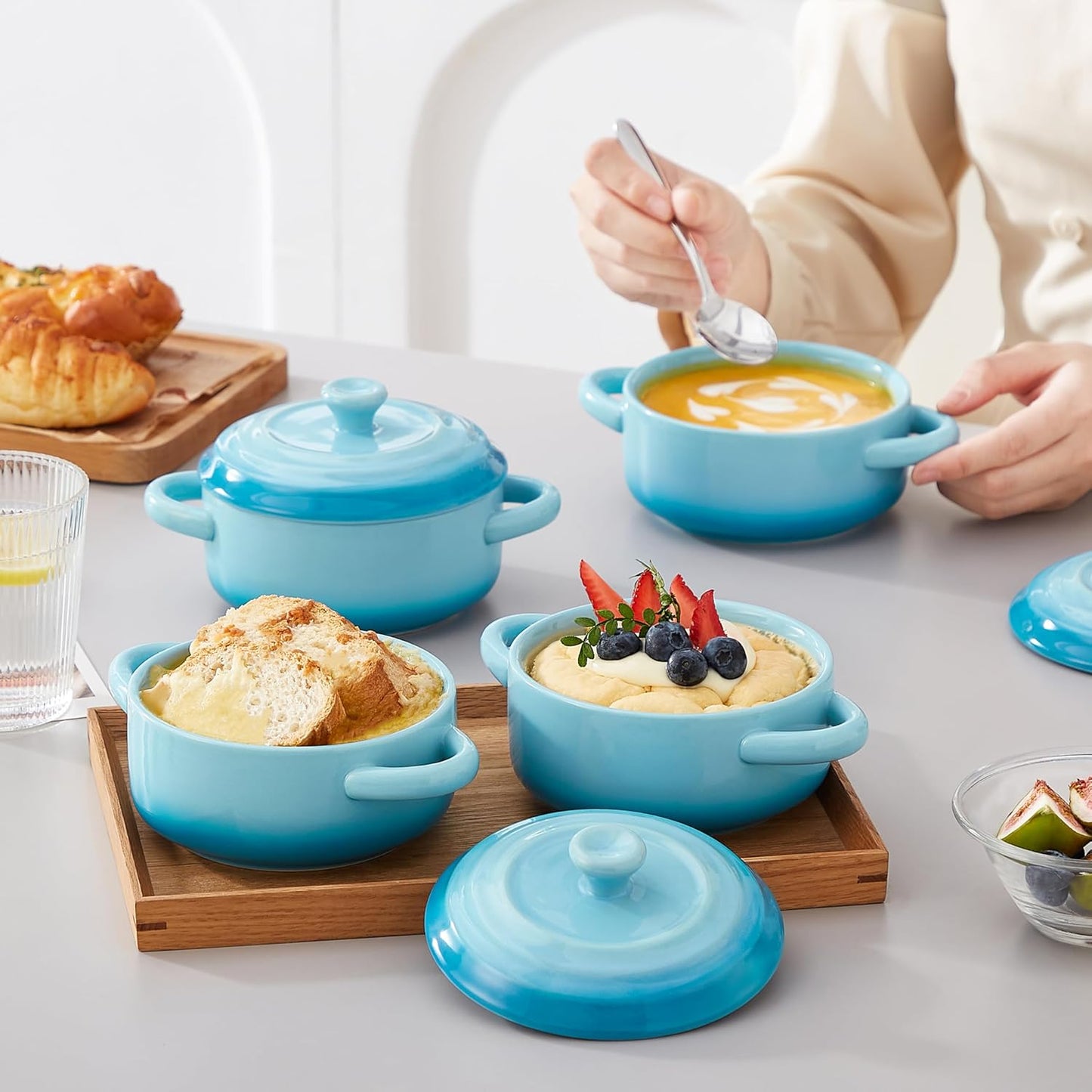 LOVECASA Mini Cocotte Set, 12 OZ Small Casserole Dishes with Lids, Soup Bowls With Handles, Individual Ramekins, Oven, Microwave & Dishwasher Safe, Set of 4, Blue