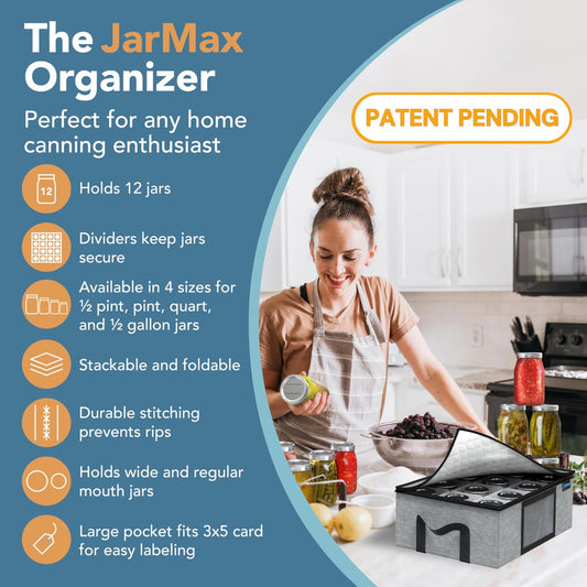 16 oz Pint mason jar storage containers, Sturdy Canning Jar Storage Containers Holds 12 Pint Size Ball Mason Jars, Foldable Canning Organizer, Stackable Home Storage Box with Lid & Label holder