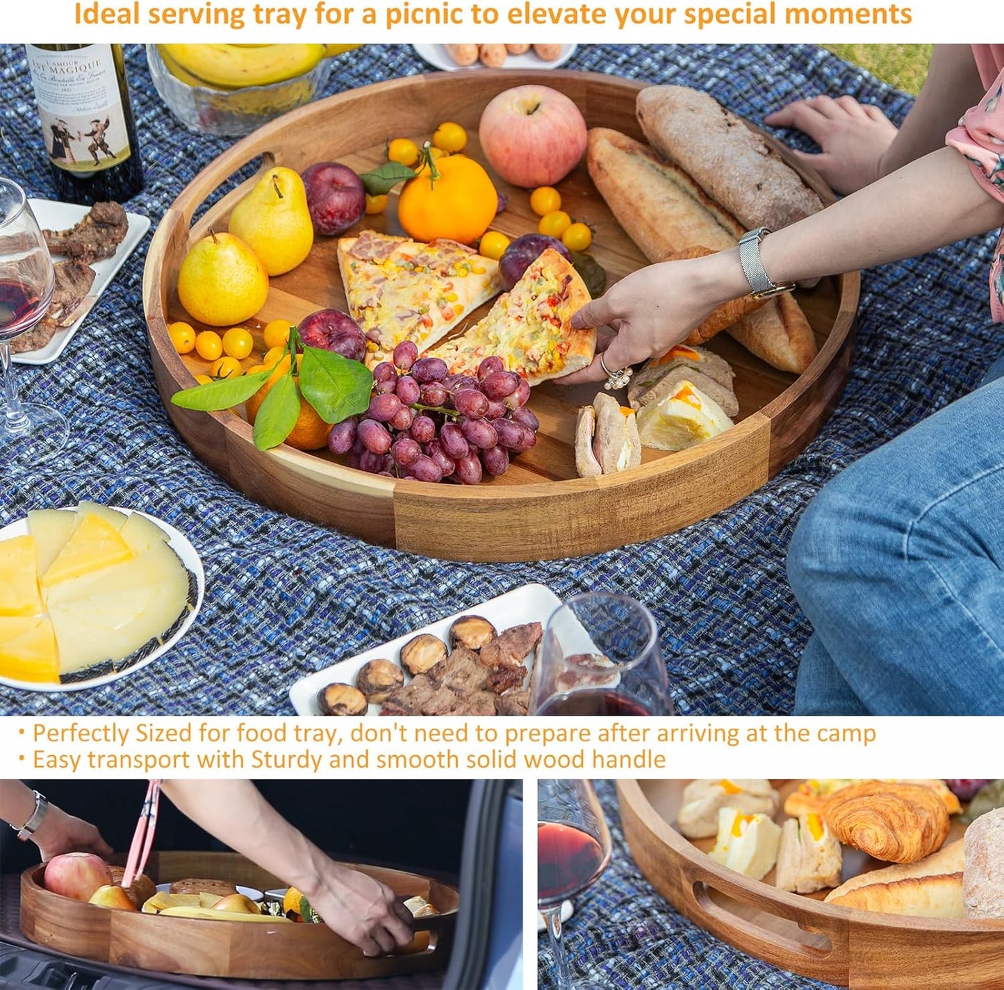 Wooden Serving Tray with Handles 22 Inch Extra Large Round Ottoman Tray Acacia Large Wood Trays Ottoman Living Room Wooden Trays