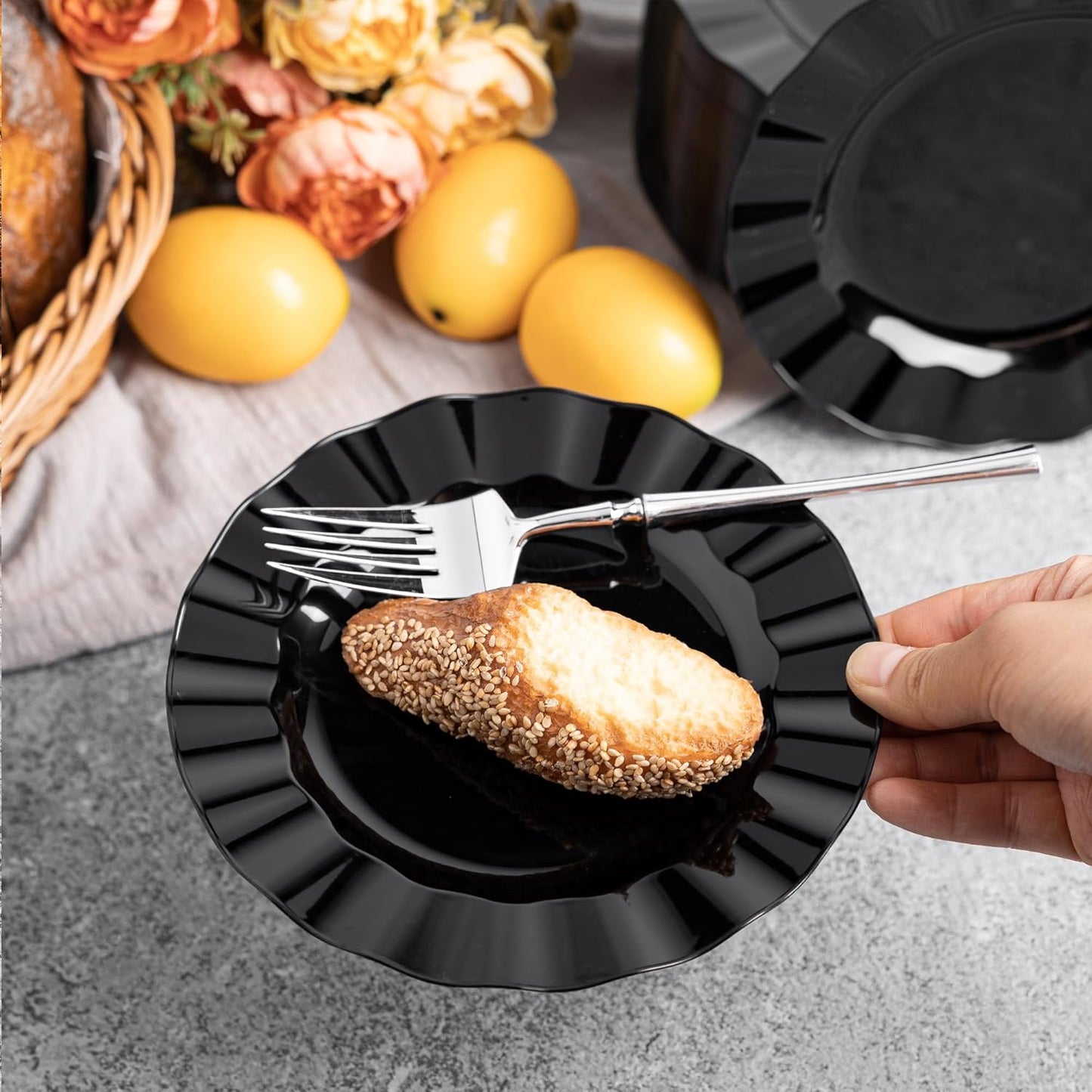 72 Pack Black Plastic Plates, 7" Disposable Wave Salad/Dessert Plates Elegant Heavy Duty Plate for Party, Wedding, Thanksgiving, Christmas