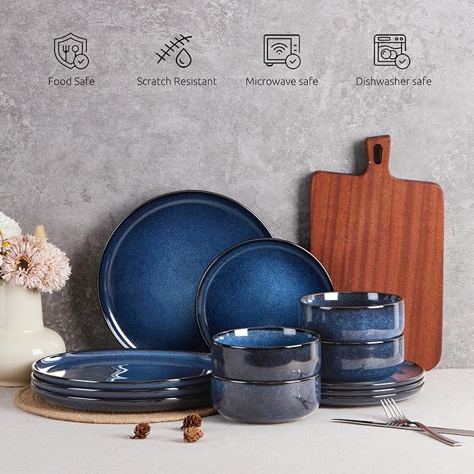E-far Dinnerware Sets for 8, 24-Piece Stoneware Plates and Bowls Set, Ceramic Dishes Reactive Glaze Dinning Ware, Microwave & Dishwasher Safe - Deep Sea Blue