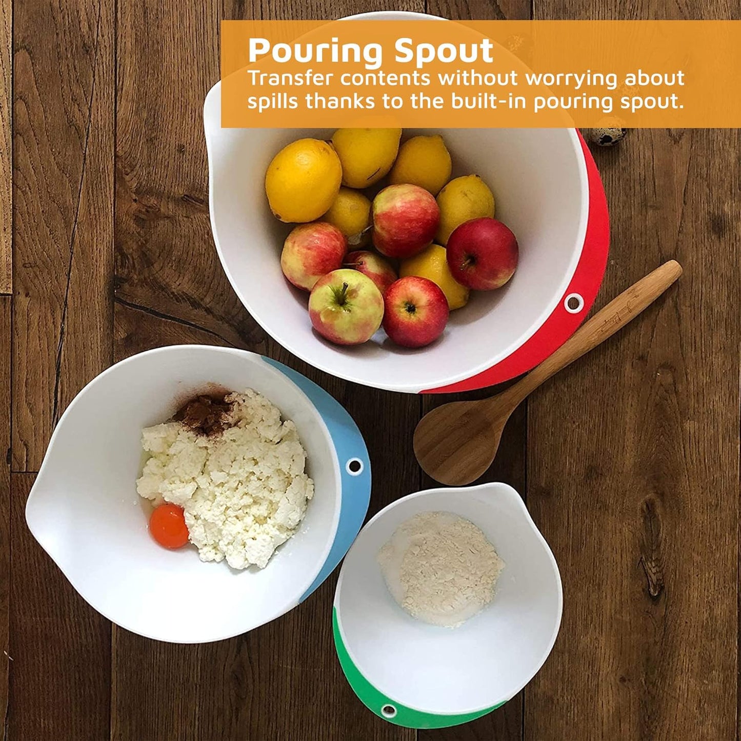 Jean-Patrique Plastic Mixing Bowls for Kitchen - Mixing Bowl Set of 3 - Kitchen Mixing Bowls with Pour Spout and Non-Slip Base - Kitchen Bowls for Prepping & Cooking - Baking Plastic Bowl Set