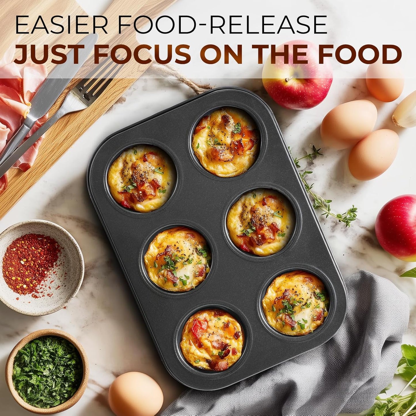 Muffin Pan 2-Pack, 6-Cup Nonstick Cupcake Pan 10.43"x7.28"x1.1" with 2.63" Cups, for Muffins, Cupcakes, Brownies, Cheesecake, Carbon Steel, Easy Clean, Oven Safe