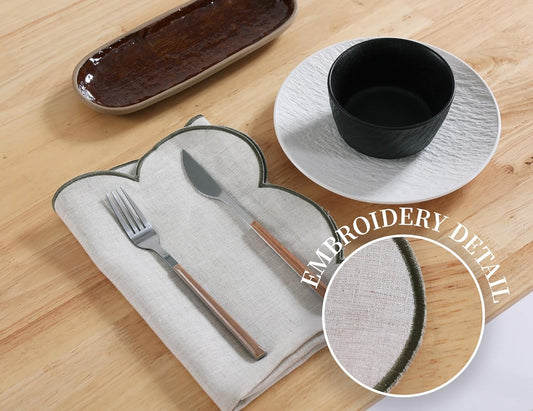 100% French Flax Linen Cloth Napkins Scalloped Embroidery 20’’x20’’ for Dinners, Parties, Weddings, Decorative Halloween, Spring, Easter, Set of 4 Pcs, Natural Linen(Edges-Green)