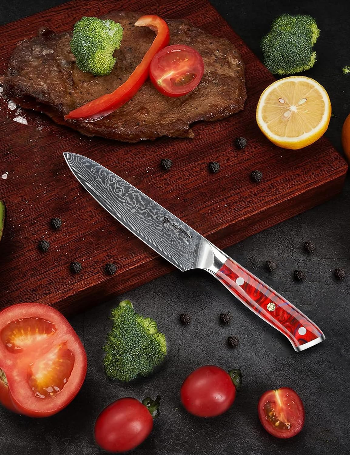 5 Inch Kitchen Utility Knife - Xuan Series Kitchen Knives - VG10 Damascus Steel with Resin Handle (Sunset Red)