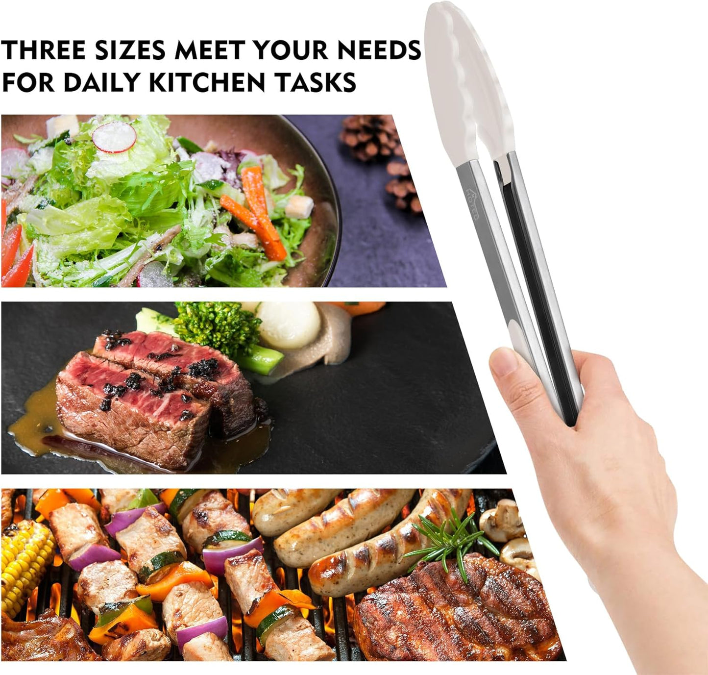 HOTEC Premium Stainless Steel Locking Kitchen Tongs with Silicon Tips, Set of 2-9" and 12",Khaki