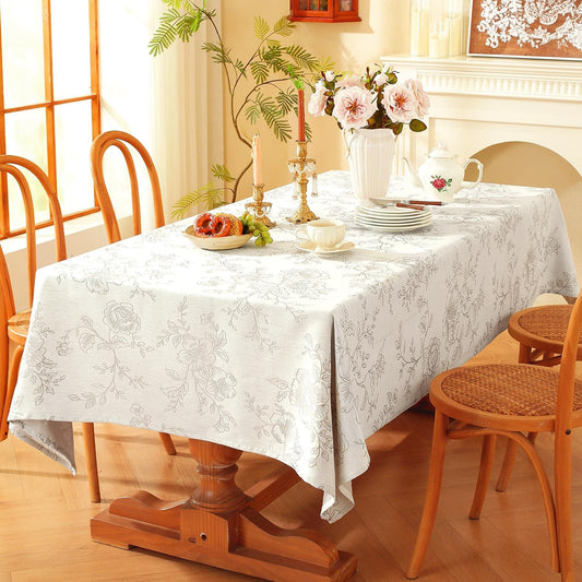 Chassic Premium Vintage Farmhouse Damask Floral 60 x 104 inch Rectangle Table Cloth – Water Resistant Linen Textured Jacquard Tablecloth for Kitchen Dining & Picnic Decor - Beige