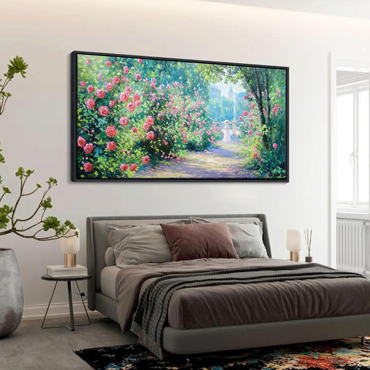 CHATYOUNG Framed Canvas Wall Art, Large Landscape Wall Painting 24"X48" Blooming Roses Spring Wall Art Green Plant Pictures for Living Room Bedroom Kitchen Home Decor Gifts for Women